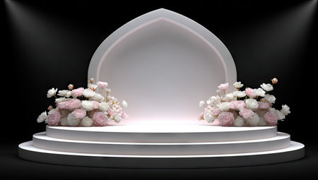 A white stage is shown, decorated with floral arrangements and illuminated by spotlights against a dark backdrop. The composition features a semi-circular architectural element and multiple tiers. This image could be used for various commercial purposes, providing a clean and stylish visual.の素材