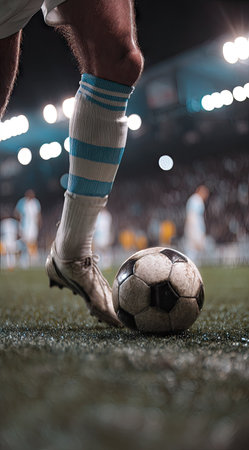 A close-up view shows a football player about to kick a soccer ball on a green field. The image features a dynamic perspective, with the ball positioned in the foreground. The player is wearing athletic gear. The scene is illuminated by lights. It could be used for sports, competition, or health.の素材
