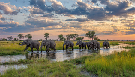 A herd of elephants traverses a shallow river under a vibrant sunset sky. The scene features lush green vegetation, open grasslands, and trees. Warm lighting casts a golden glow, highlighting the animals and the natural environment. This image is suitable for various commercial and illustrative uses.の素材
