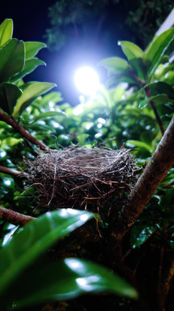 A bird nest sits nestled within a vibrant green bush, captured with an overhead, bright light at night. The nest is made of twigs and appears empty. The image features a shallow depth of field. This image could be used in various commercial and editorial projects.の素材