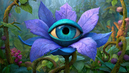 A digitally rendered image presents a fantastical flower featuring a central eye. The petals are purple, while the eye itself displays shades of blue. The flower sits amidst vibrant green foliage, with other plants and vines visible. This composition could be used in design projects or illustrations.の素材
