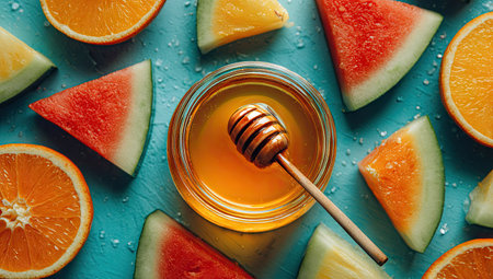 Overhead shot presents a jar of honey with a wooden dipper, surrounded by watermelon and orange slices. The vibrant colors and textures create a visually appealing composition. The lighting appears soft, suggesting an indoor setting. This image could be used for various commercial and editorial purposes related to food and health.の素材