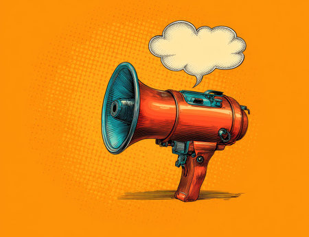 A vibrant illustration features a red megaphone and a speech bubble against an orange backdrop. The image showcases bold outlines and a comic-book style aesthetic, with a halftone dot pattern. The scene appears to be set indoors, with graphic elements suitable for commercial communication projects.の素材