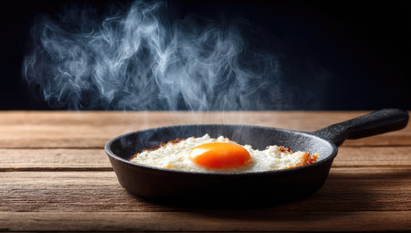 A fried egg is featured in a black skillet, sitting on a wooden table. Steam rises from the cooking egg against a dark background, enhancing the presentation. This image uses a shallow depth of field and soft lighting for a commercial appeal that may suit various editorial or promotional purposes.の素材