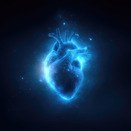 A digital illustration depicts a glowing blue heart against a dark backdrop. The image showcases bright lighting and a futuristic style, possibly generated through computer graphics. This visual could be useful for scientific articles, medical presentations, or design projects needing an abstract representation of the human heart.の素材