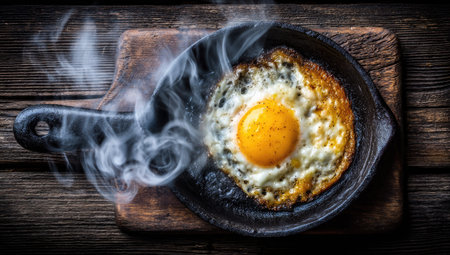 A fried egg sits in a cast iron skillet, steam rising, on a wooden cutting board. The egg's yolk is bright yellow, surrounded by crispy white. The composition uses overhead lighting. The image may be useful for culinary blogs, food-related advertising, or editorial content.の素材