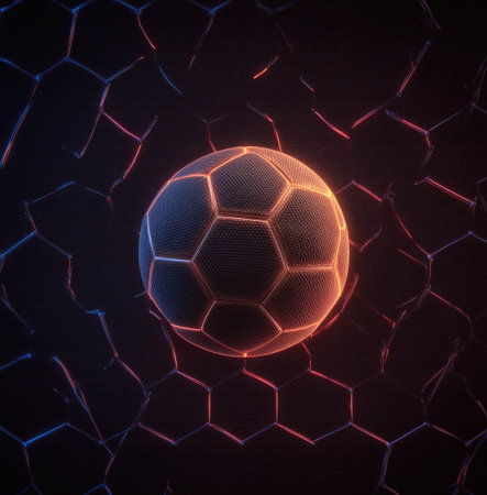 A modern visualization showcases a soccer ball with illuminated edges, centrally positioned. The ball rests against an abstract hexagonal structure, composed of intersecting lines, all on a dark background. The scene utilizes strong lighting effects, producing a sense of depth. This design could be suitable for sports media, graphic design projects, or illustrative purposes.の素材