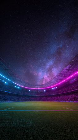 A modern stadium interior is presented with a vibrant color palette. The scene features neon lighting accents and a vast open sky background. The composition suggests a nighttime setting, possibly for sports or entertainment. The image could be used for promotional purposes or as visual support in diverse media.の素材