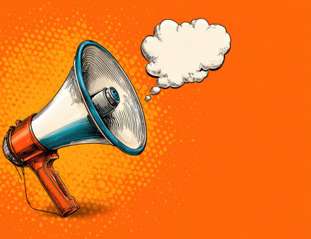 An illustration presents a detailed megaphone with a speech bubble against a vivid orange backdrop. The artwork features a hand-drawn style with defined lines and shading, and uses a color palette of orange, white, and blue. This image could be used to represent communication, announcements, or promotional content for various applications.の素材