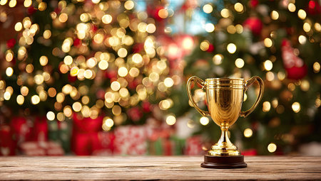 A gold trophy cup is centered on a wooden surface. The blurred background showcases festive holiday decorations and soft glowing lights. The image uses shallow depth of field. This composition could be used for celebratory designs, event announcements or seasonal promotions.の素材