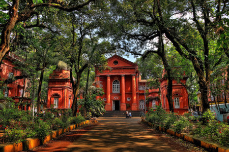 A large red building with a classical architectural style is seen framed by the green foliage of large trees. The image features a pathway leading toward the building, with bright, natural lighting. This outdoor shot could be suitable for various commercial and editorial uses.の素材