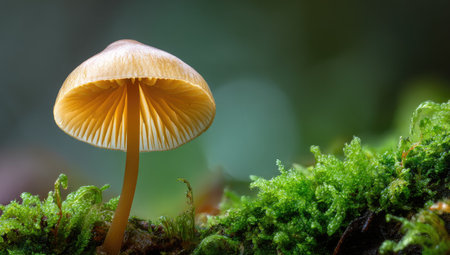 A single mushroom with a golden cap stands tall among vibrant green moss. The image showcases a close-up view with selective focus, highlighting the textures and details. The blurred background suggests an outdoor setting, possibly a forest. Suitable for use in various commercial and editorial projects.の素材