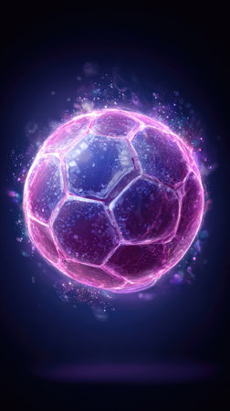 A digitally rendered soccer ball is illuminated with purple and blue hues, creating a futuristic cosmic effect. The image displays the ball's polygonal shape amidst swirling light particles, set against a dark backdrop. It is suitable for a range of visual projects, including sports, technology, and design concepts.の素材