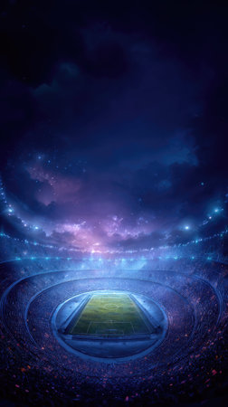 An imposing stadium is presented in a stylized illustration, bathed in a cool palette of blues and purples. The composition features dramatic lighting that accentuates architectural details. It might be suitable for promotional material related to sports events or for use in designs related to entertainment and competitions.の素材