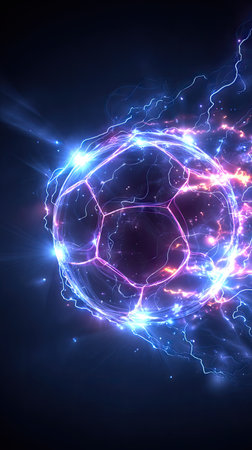 A soccer ball is depicted surrounded by vibrant, electric energy trails, composed of blue and purple hues. The illustration showcases a dynamic composition with a dark backdrop, emphasizing the glowing elements. This image could be used for various commercial and editorial projects, potentially in the realm of sports or abstract concepts.の素材