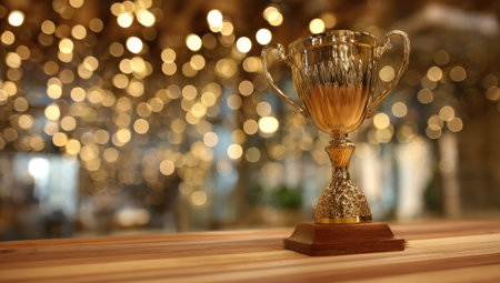 A golden trophy sits on a wooden surface, illuminated by soft lighting. The blurred background features bokeh lights in warm tones, creating a celebratory atmosphere. This image may be suitable for illustrating concepts of success, awards, and recognition in various commercial applications.の素材