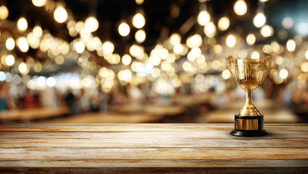 A golden trophy stands on a wooden table, illuminated by soft lighting. The background features blurred bokeh lights, suggesting a celebratory event. The image composition includes copy space, suitable for various commercial or editorial applications. The color palette leans towards warm tones, creating a sense of achievement.の素材