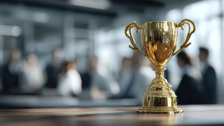 A gold trophy cup stands on a wooden surface with a blurred background of an office. The image features warm lighting, highlighting the trophy's details. The composition suggests a focus on achievement and success, suitable for business or promotional content.の素材