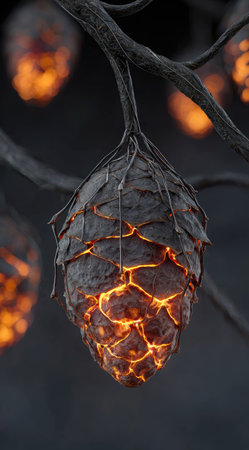 A close-up captures several seed pods illuminated by warm light, seemingly suspended from a dark branch. The composition highlights the texture of the pods and the stark contrast between light and shadow. Suitable for illustrating conceptual ideas and creative design projects, it could be utilized in various commercial contexts.の素材