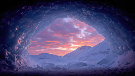 An ice cave reveals a vibrant sunset over a snowy mountain range. The image features shades of blue and purple, with a focus on natural textures and atmospheric lighting. This visual could be used to illustrate themes of travel, nature, or environmental concepts in various commercial projects.の素材