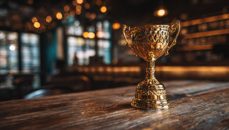A detailed shot presents a golden trophy centered on a wooden surface, with a softly blurred background. The image showcases rich colors and warm lighting, suggesting an indoor environment. This composition may be suitable for editorial content or commercial purposes. The trophy symbolizes achievement and reward.の素材