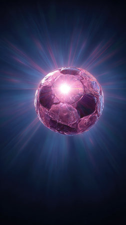 A soccer ball glows intensely, emitting radiant energy with starburst effects. The image features a textured surface and highlights varying shades of purple and magenta. The composition is centered against a dark blue backdrop, suggesting a night or low-light setting. Suitable for sports promotions or artistic concepts.の素材