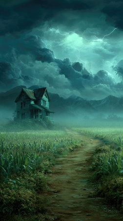 A lone house stands in a field, a path leading to it under a dramatic sky. The image features a cool color palette dominated by greens and blues, with a sense of depth and mystery. Suitable for use in editorial content, website design, or as background art.の素材