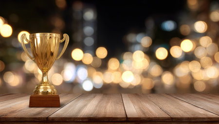 A golden trophy stands on a wooden surface, illuminated by focused lighting. The background features soft, blurred lights, creating a bokeh effect. The image presents a sense of achievement and celebration. Suitable for various commercial purposes, including marketing materials and website content.の素材