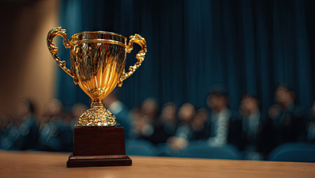 A gold trophy sits on a wooden surface, its intricate details reflecting light. The composition features a blurred background suggesting an indoor setting, likely an awards ceremony or event. It could be used in a variety of commercial or editorial contexts, such as celebrating success.の素材