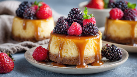 This image showcases beautifully presented cheesecakes, topped with fresh blackberries and raspberries. Each dessert is drizzled with caramel. The composition uses shallow depth of field with warm lighting. This image could be used for advertising, culinary presentations, and food-related content for various purposes.の素材