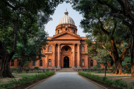 A stately building dominates the view, its architecture featuring a central dome and classical columns. The exterior is colored in warm tones, complemented by the surrounding greenery. The image suggests a daytime outdoor scene with sunlight. This scene could be suitable for various editorial and commercial applications.の素材