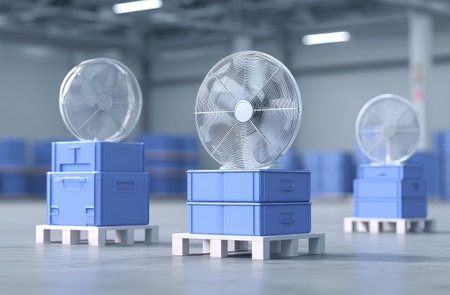 Three industrial fans are placed atop blue storage containers and pallets, presented in a warehouse interior. The composition showcases the fans with a soft, diffused lighting, hinting at a controlled environment. This setup could be used in a commercial context related to distribution or industrial cooling solutions.の素材