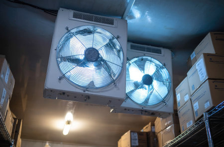 Two large industrial cooling fans hang from the ceiling in a warehouse setting. Bright overhead lighting and cool blue light contribute to the visual environment. Cardboard boxes are visible, hinting at storage. This image could be used for illustrating cooling systems, industrial infrastructure, or logistics purposes.の素材