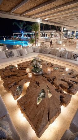A high-angle shot showcases a lavish lounge area featuring a large, unique wooden table as its centerpiece. The scene, lit by soft, warm lighting, includes a pool visible in the background, creating a tranquil atmosphere. This interior setting is suitable for various commercial and lifestyle applications.の素材