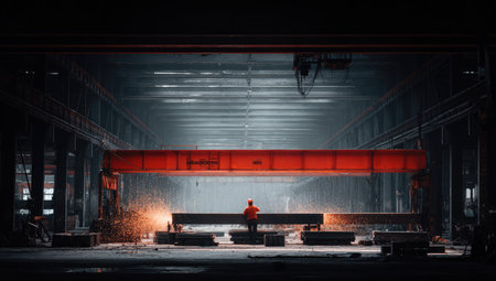 An industrial worker stands observing equipment in a vast factory setting. The image presents the subject amidst a display of brilliant sparks and a red beam. The environment features dark tones. The potential uses could be in advertising, articles, or industrial reports.の素材