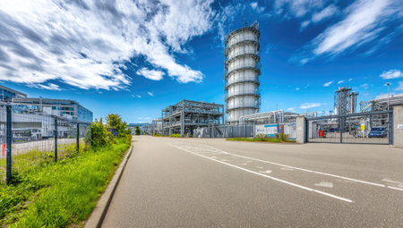 An industrial complex is presented with a tall cylindrical structure dominating the scene. The composition reveals a road leading towards buildings, with a vivid blue sky filled with clouds above. The image uses natural lighting, offering potential applications in various commercial and illustrative contexts.の素材