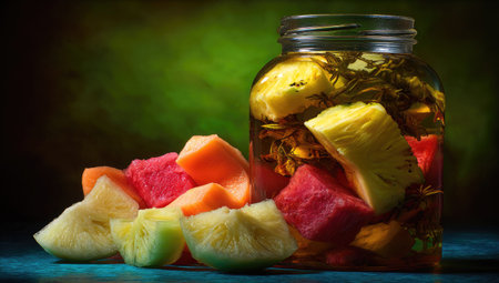 An eye-level shot displays a glass jar filled with pickled fruits next to scattered pieces. The vibrant colors of the fruit contrast with the dark background. The composition uses natural light, suggesting a potential commercial use for food-related content or culinary imagery.の素材