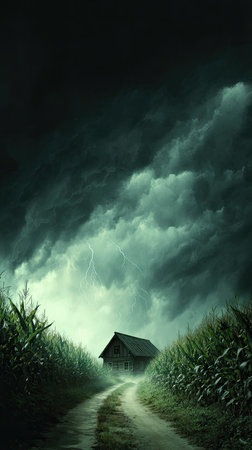 An isolated cottage is situated at the end of a pathway in a digital artwork. Overcast skies and a stormy atmosphere dominate the scene, with hues of dark green and gray. Cornstalks line the path. The artwork could be used for editorial and commercial applications.の素材