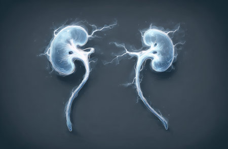 This medical illustration depicts two human kidneys, rendered with a glowing, ethereal aesthetic. The composition features a dark, neutral background. The kidneys are depicted with veins radiating outwards, and they are glowing, suggesting the internal workings of the organs. This image may be utilized for medical or educational purposes.の素材