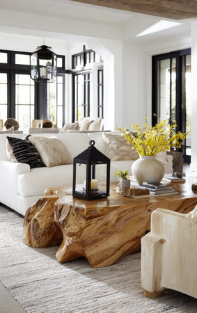 This interior scene features a white sofa with accent pillows and a distinctive wooden coffee table. The room is well-lit, suggesting natural daylight, and includes decorative lanterns and vases. The composition showcases a blend of textures and materials. Suitable for home decor, lifestyle, and design-related publications and promotional materials.の素材