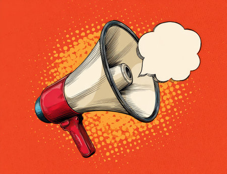 A stylized illustration depicts a red and gray megaphone with a speech bubble on an orange background. The artwork features bold outlines and a textured, comic book style. The composition suggests announcement or communication, suitable for various commercial and editorial applications. It's designed with vector graphics.の素材