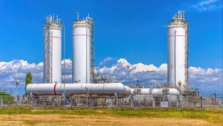 The image presents an industrial complex featuring several cylindrical storage tanks. The scene is characterized by a clear, bright blue sky and a flat, open landscape. The composition is straightforward with tanks and pipes. It has potential applications for commercial presentations, technical documentation, and editorial content.の素材