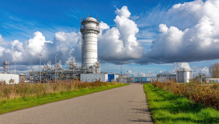 An industrial complex features a tall, cylindrical tower and various structures set against a dynamic sky filled with white, fluffy clouds. A pathway leads towards the complex, flanked by grassy areas. The image displays a daytime setting with natural lighting, suitable for commercial and editorial purposes.の素材