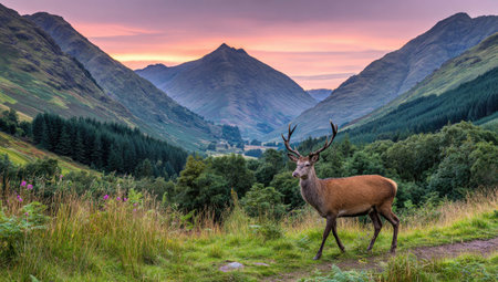 A majestic stag stands in a mountainous landscape illuminated by a colorful sunset. The image showcases verdant vegetation, rolling hills, and a dramatic sky. This visually rich composition, likely captured outdoors, is suitable for a wide range of commercial and editorial projects.の素材