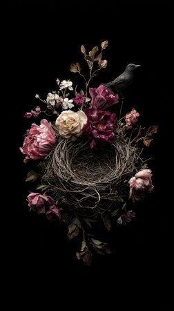 A detailed composition features a bird perched above a nest surrounded by blooming flowers. The arrangement displays a variety of roses with a textured and vintage look. The backdrop is dark, enhancing the visual prominence of the botanical elements. This image is suitable for use in design projects and decorative applications.の素材