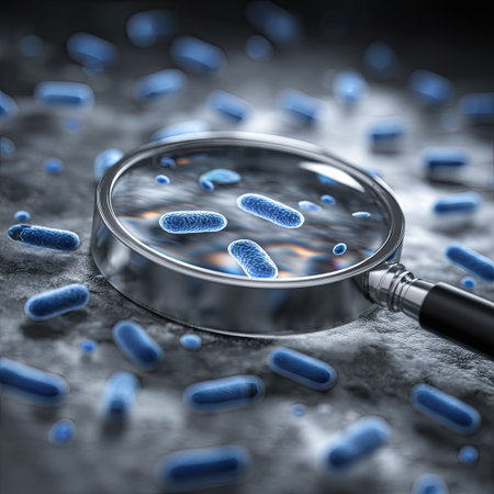 An image presents a magnified view of blue bacteria against a blurred background. A shiny magnifying glass is positioned above the surface, emphasizing the scientific concept of research. The composition features diffused lighting, and a shallow depth of field. It is suitable for illustrating science, healthcare, and research publications or promotional materials.の素材