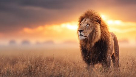 A powerful lion is captured in a natural setting, showcasing its impressive mane and physique. The image features a blend of warm colors from the sunset, illuminating the grassland. The composition and lighting lend the image to various commercial and editorial applications, conveying a sense of wildlife and nature.の素材