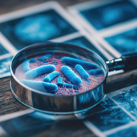An illustrative depiction showcases bacteria viewed through a magnifying glass. The image features blue and red hues, with a shallow depth of field, highlighting the microscopic subject. The composition, set on a textured surface, is suited for scientific publications, educational materials, or conceptual designs related to health.の素材