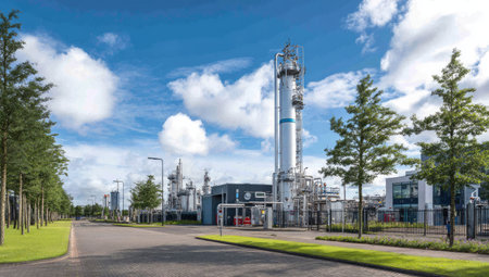 A large industrial complex features multiple tall structures against a bright blue sky dotted with clouds. The composition includes a road and surrounding trees. The scene is characterized by bright daylight. This image could be used for commercial applications or editorial content related to industry or infrastructure.の素材