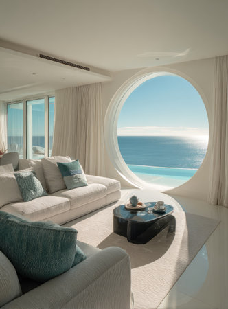 An elegant living room features a circular window showcasing the ocean, with a white sofa and teal pillows. The bright space has a rug and a dark coffee table. The contemporary interior design and serene ambiance are suitable for various commercial applications, including interior design and home decor.の素材